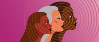 An illustration of three women of varying skin tones in profile with a ripple effect and a fuchsia background