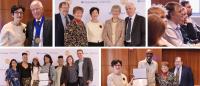A collage of photos of Calderone awardees, Dean Linda P. Fried, attendees, and the Calderone family