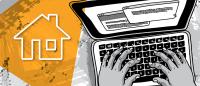 Illustration of hands on a laptop keyboard from above alongside an icon of a house