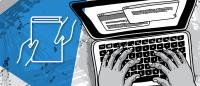 Illustration of hands on a laptop keyboard from above alongside an icon of book sharing