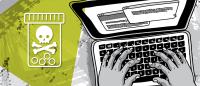 Illustration of hands on a laptop keyboard from above alongside an icon of a pill bottle with a skull and crossbones