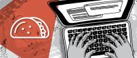 Illustration of hands on a laptop keyboard from above alongside an icon of a taco