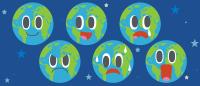 Illustration of six cartoon Earths expressing emotions—happy, chatty, sad, surprised, angry, stressed