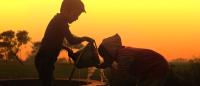 Two children at a well during sunset; one drinks from a bucket