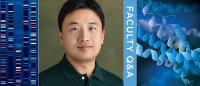 Images of DNA data chart and protein structures accompany a headshot photo of an Asian man and the text, "Faculty Q&A"