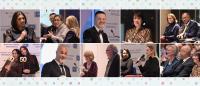 Collage of ten event photos of speakers and attendees with a celebratory polkadot background background