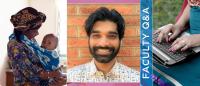 Photo montage: A smiling bearded man at center next to text reading Faculty Q&A bookended by a mother and child and feminine hands at a laptop keyboard