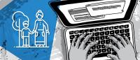 An illustration of hands on a laptop along with an icon of a child holding hands with an older woman with a cane
