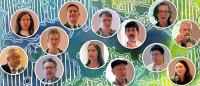 Collage of faces in circles with a map-like design background in blue and green