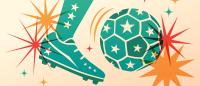 An illustration of a foot, leg, and soccer ball with red and orange stars
