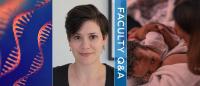 A montage of images: headshot photo of a woman, illustration of RNA, photo of a mother breastfeeding a baby