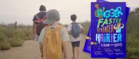 Photo of three boys of different sizes walking on a sandy path alongside an image of two purple puberty books