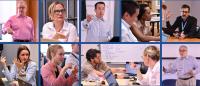 A montage of photos from a recent Health Systems Simulation. Faculty and participants interact.