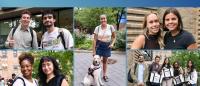 A montage of photos of students posing together, plus one student posing with her service dog