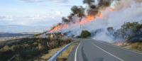 A wildfire on a hillside along a road in Spain